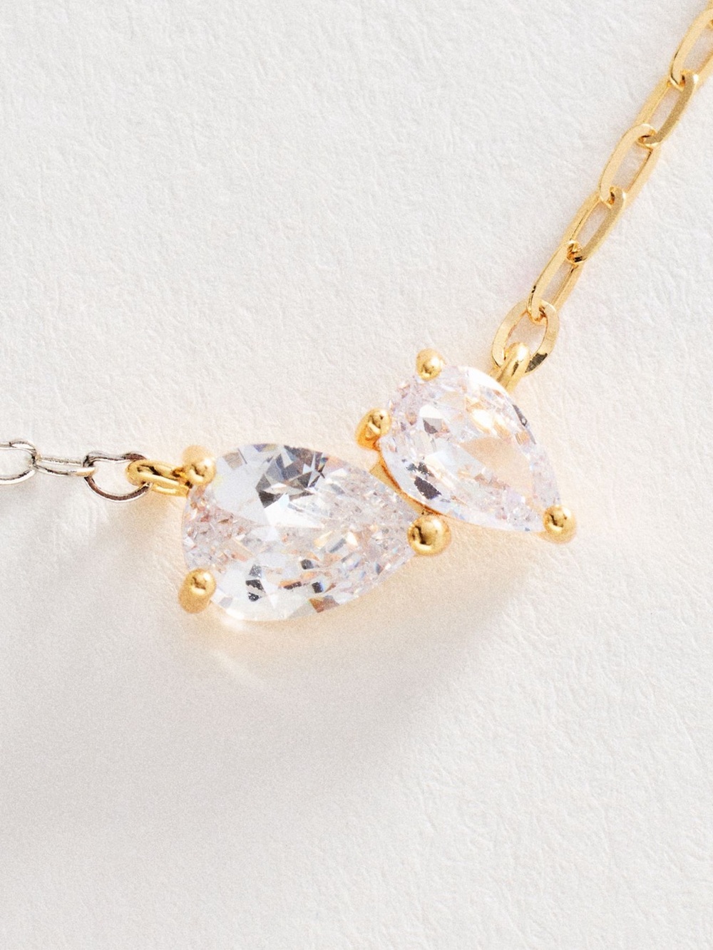 Anthropologie Dual Teardrop 14K Gold Plated Mixed Metal Necklace Clear CZ NEW